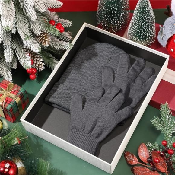 2 Pcs Shiny Match Winter Beanie Hat Gloves Set, Soft Knitted Hat Stretchy Gloves - Picture 4 of 8